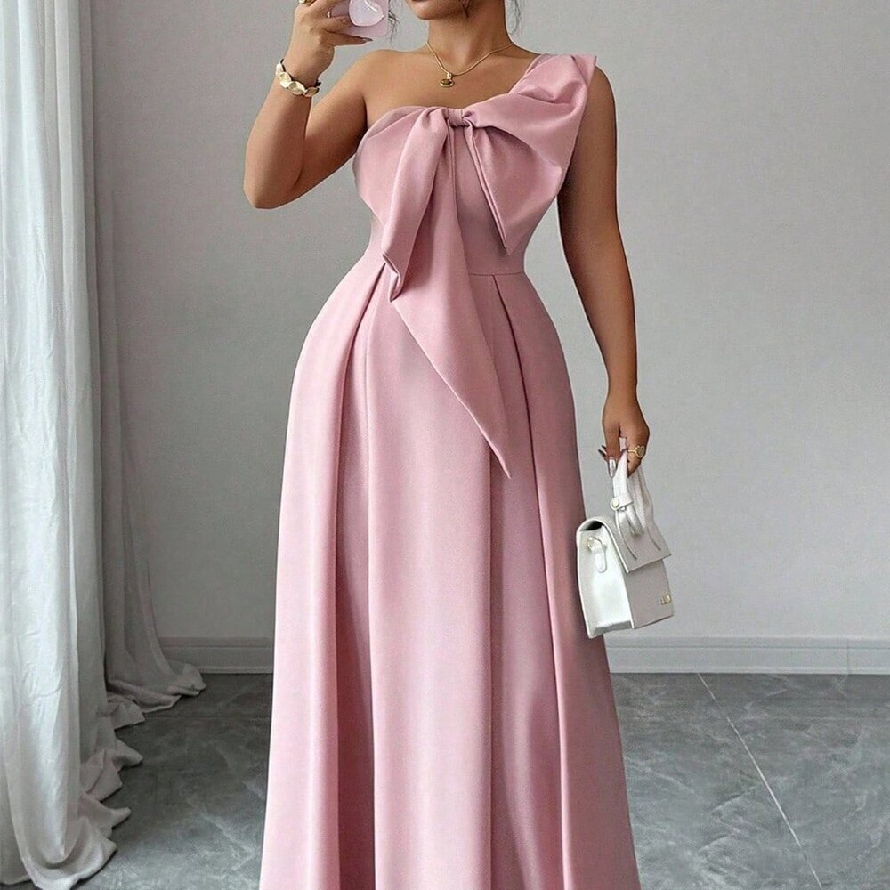 Pink Elegant Women's Plus Size Romantic Party Dress with Asymmetric Shoulder